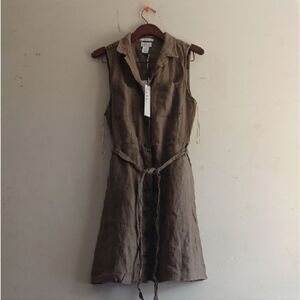 100% Linen Nicole Miller Tan Sleeveless Midi Dress